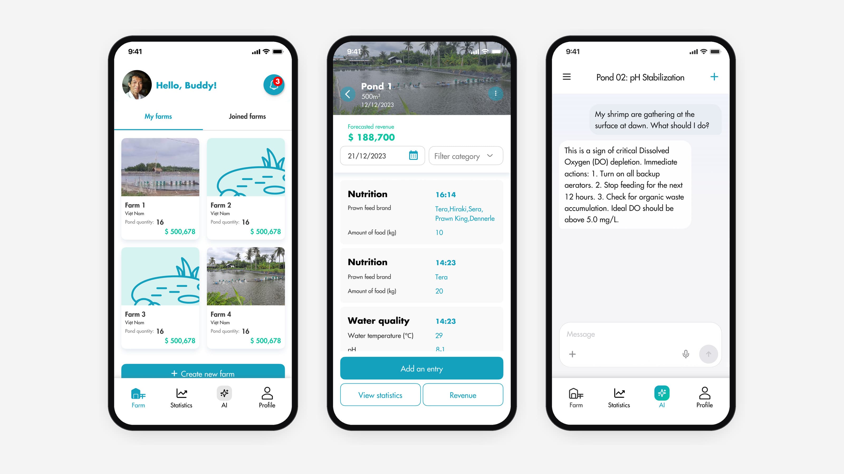 Three Aotomatic mobile screens showing pond monitoring and daily reporting