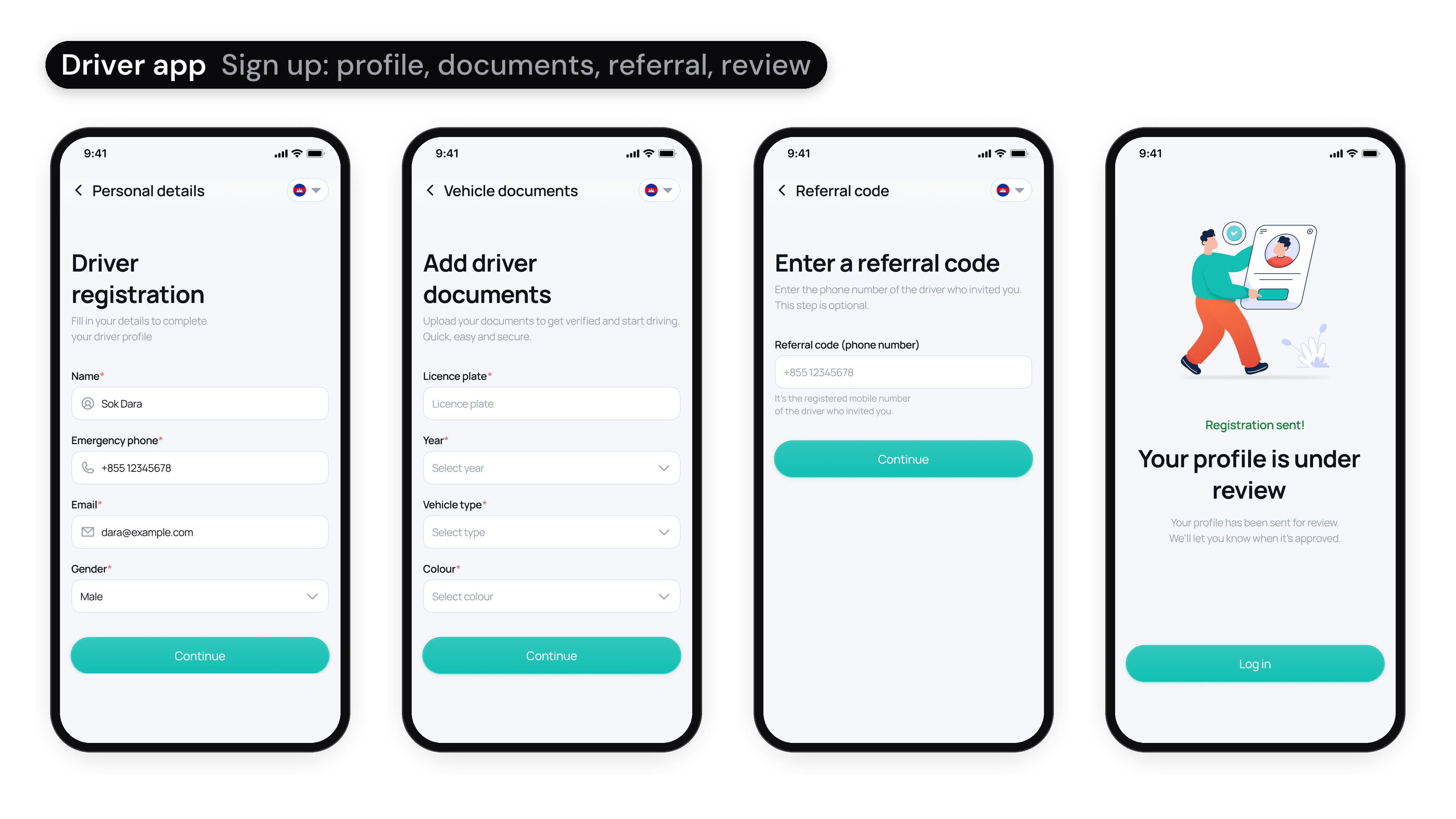 Four Btaxi driver sign-up screens in English: the personal details form, the vehicle documents form, the optional referral code, and Your profile is under review