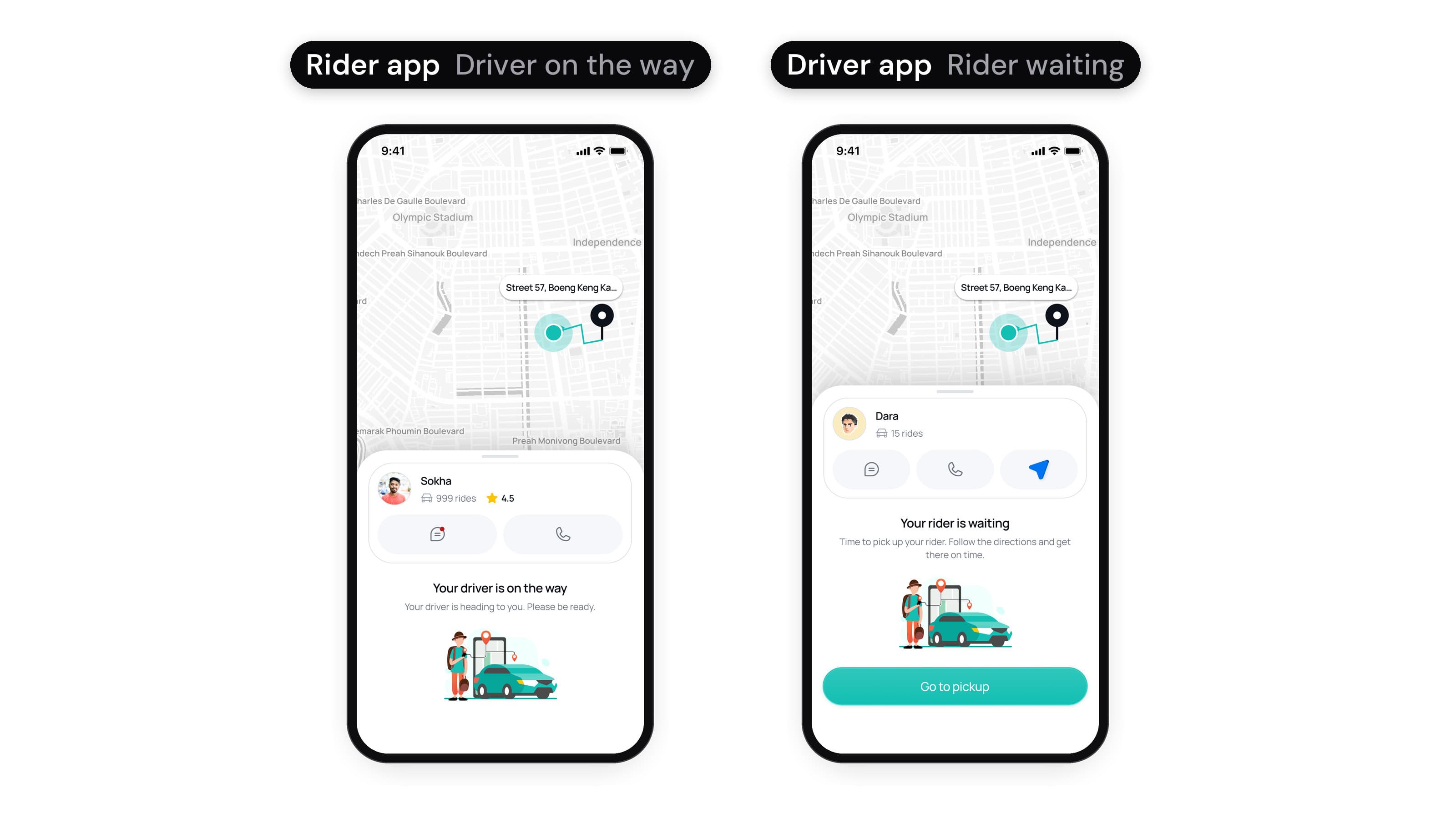 The same trip in both Btaxi apps, in English, on a Phnom Penh map. Left, the rider app: your driver is on the way, with the driver Sokha and buttons to chat or call. Right, the driver app: your rider is waiting, with the rider Dara and a Go to pickup button.