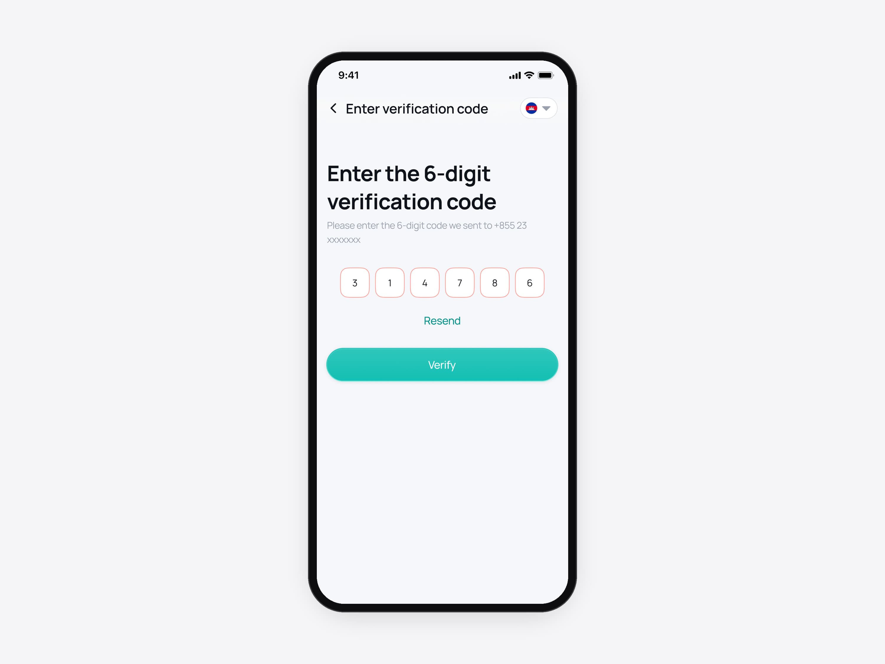 The Btaxi verification code screen in English with all six boxes outlined in red and a Resend link