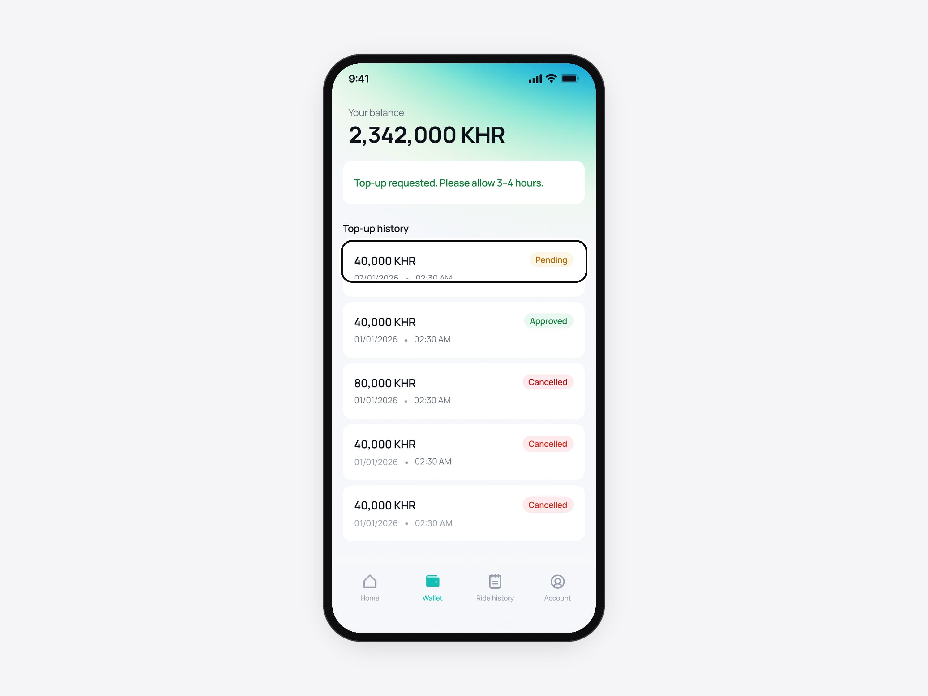 The Btaxi driver wallet in English: Top-up requested, please allow 3 to 4 hours, and the newest 40,000 KHR request marked Pending, ringed
