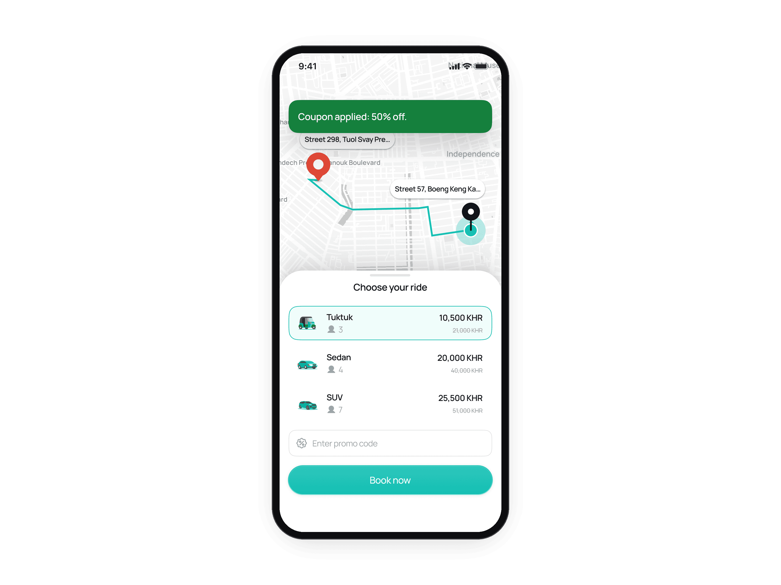 The Btaxi rider app in English, in one phone: Where to?, the destination picked from suggestions, the three ride options, the coupon sheet with BTAXI50 typed and applied, then Book now and Finding a driver.