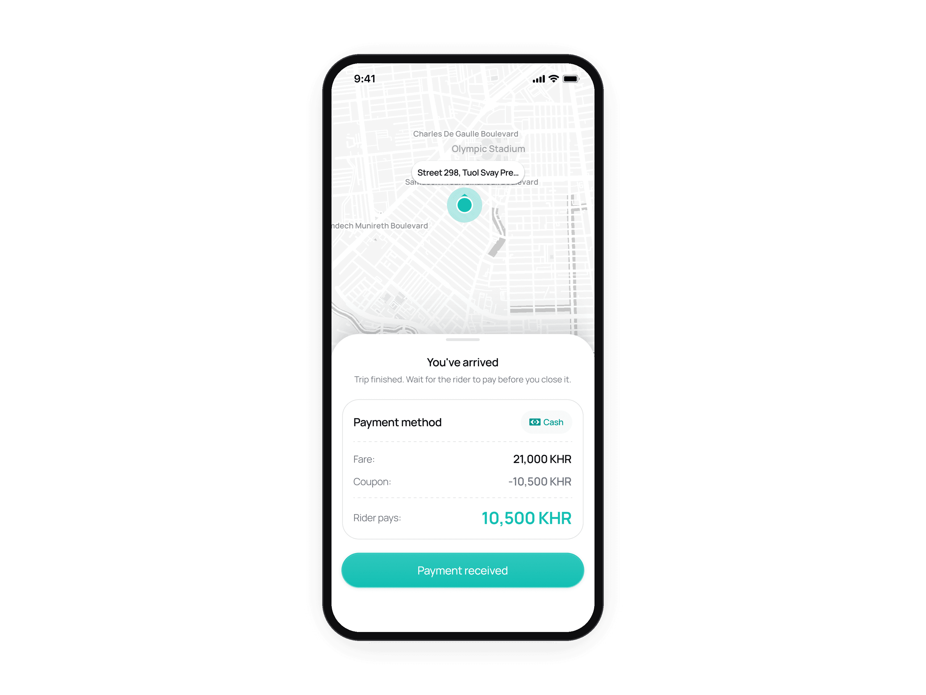 The Btaxi driver app in English, in one phone: a ride offer with a 30-second Accept, then Go to pickup, I've arrived, Rider picked up, Start trip, Arrived and Payment received, ending on Trip completed.
