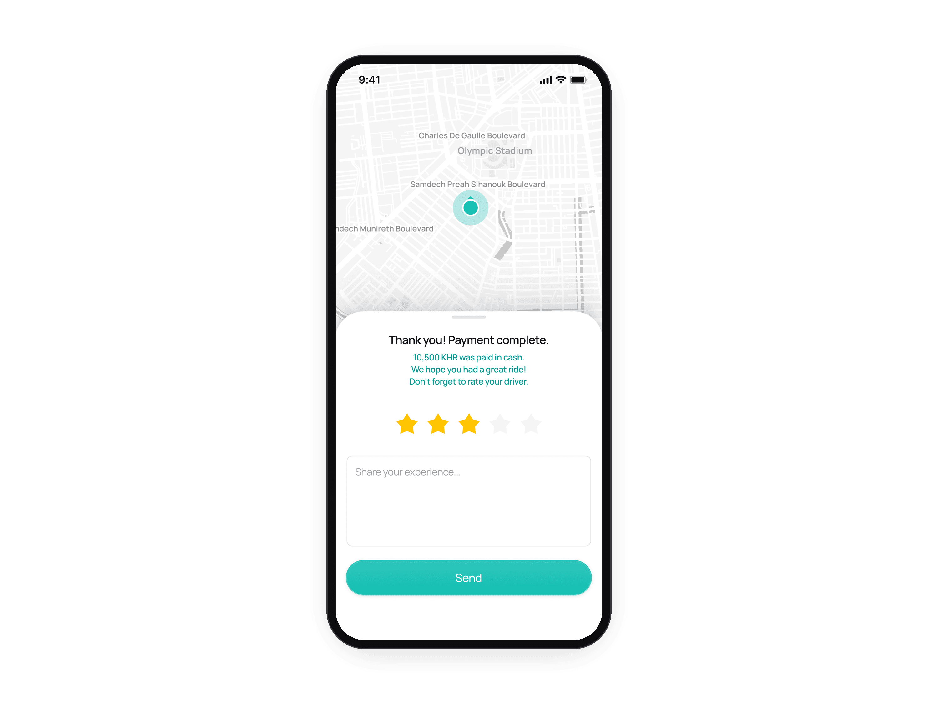 The Btaxi rider app in English, in one phone: finding a driver, the driver Sokha accepted, on the way, at the pickup, the trip under way, then the cash payment of 10,500 KHR after the 50% coupon and the rating screen.