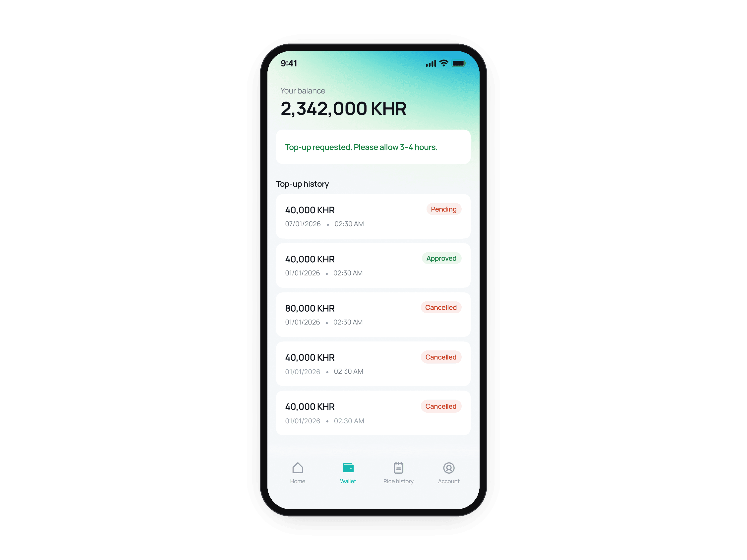 The Btaxi driver wallet in English, in one phone: 40,000 KHR chosen, the account number copied, Top up, the Request received dialog, then the top-up history with the new request pending.