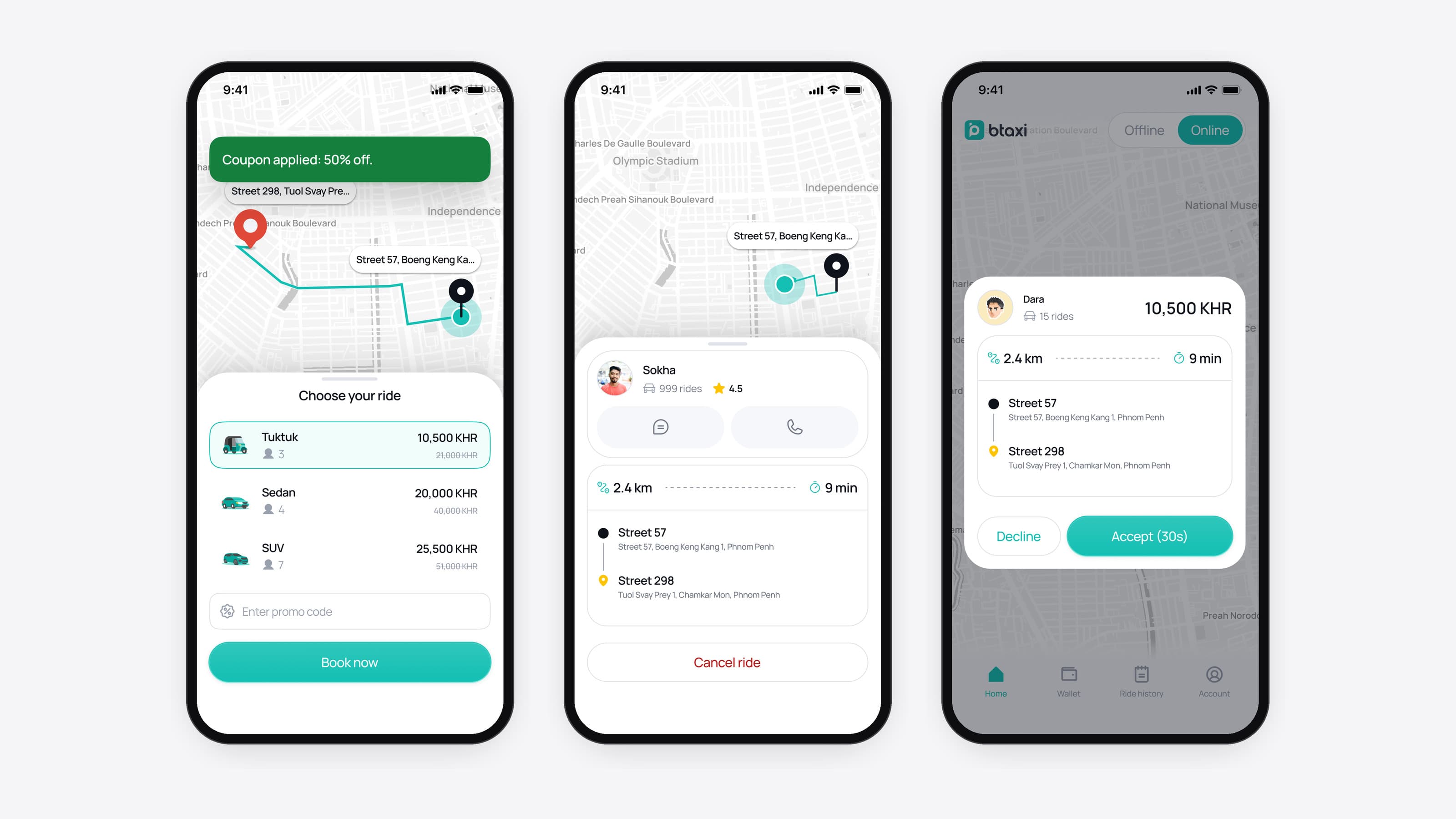 Btaxi passenger booking, trip tracking, and driver request screens