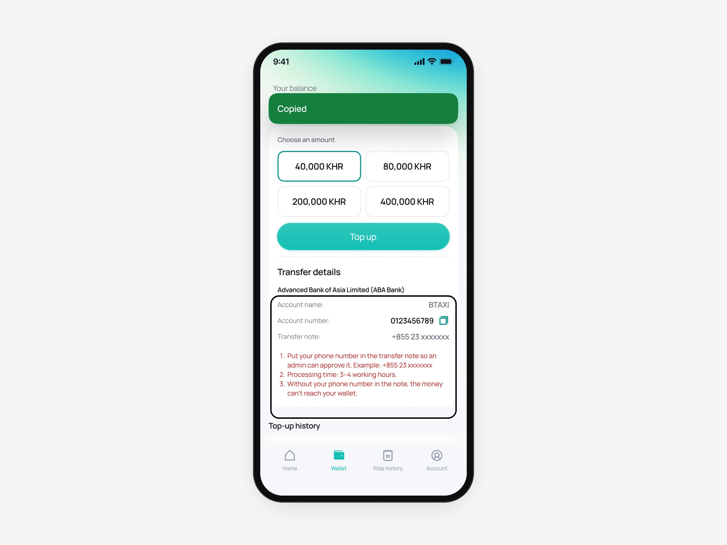 The Btaxi driver wallet in English: 40,000 KHR chosen, the ABA Bank account copied, and the transfer details ringed: put your phone number in the transfer note, processing takes 3 to 4 working hours