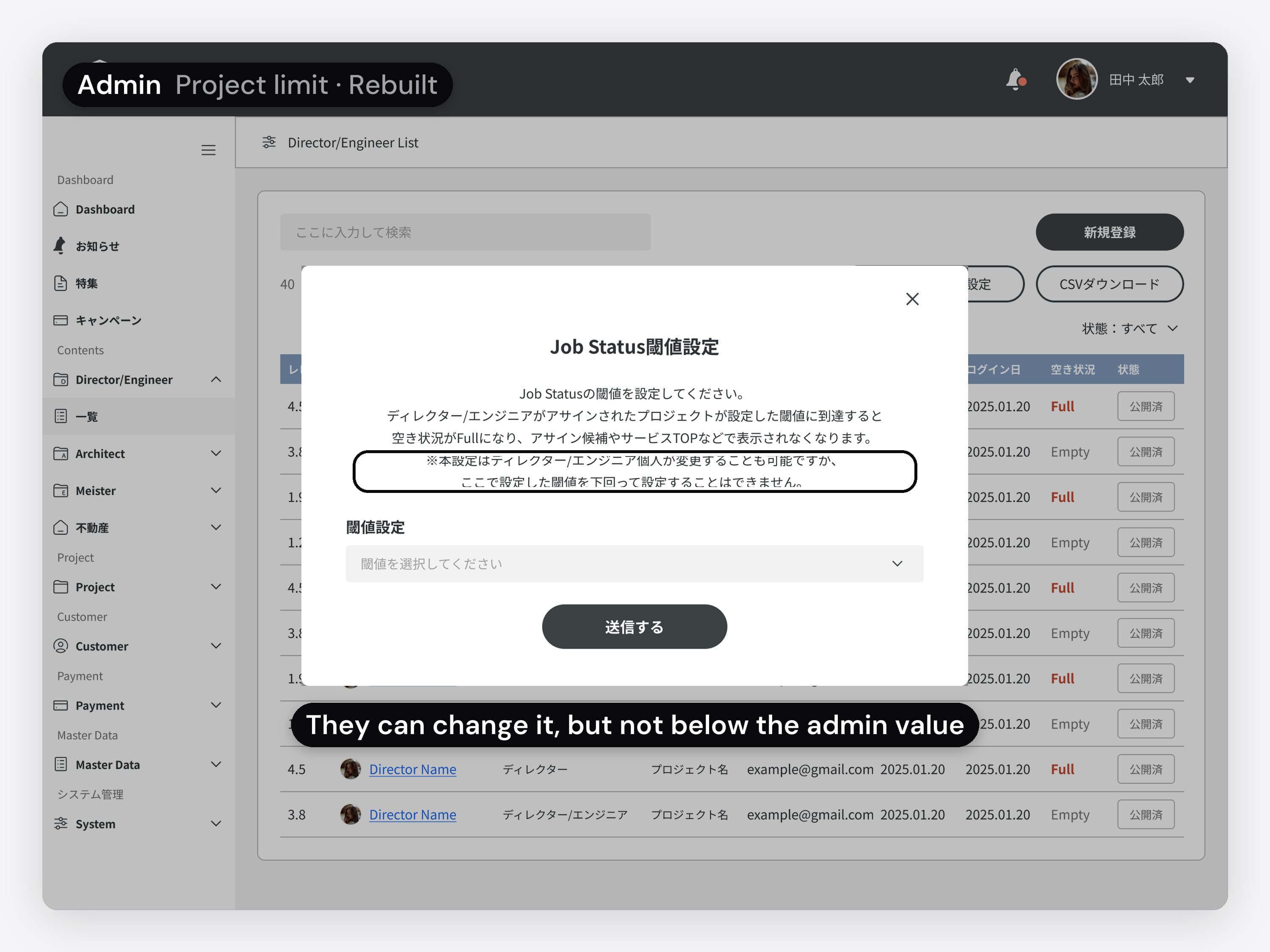 The admin's list of directors and engineers, in Japanese, rebuilt for this case in the final UI kit, with a director at the limit shown as Full. The animation opens the project limit dialog, with the callout: they can change it, but not below the admin value; sending it empty shows an error.