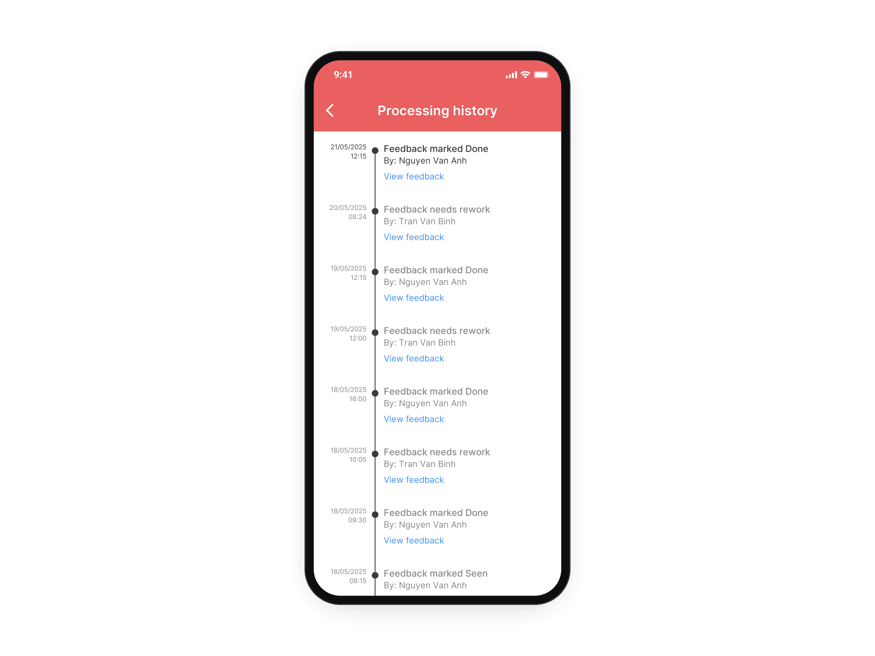 The FeedbackMe app in English, on the processing history: each step, who did it and when, with a View feedback link on each. The animation runs in one phone: the feedback status (New, Viewed, Processed, Confirmed) with the latest update and a History button, then the history, then the feedback details: marked for rework, by whom, a note and a photo.