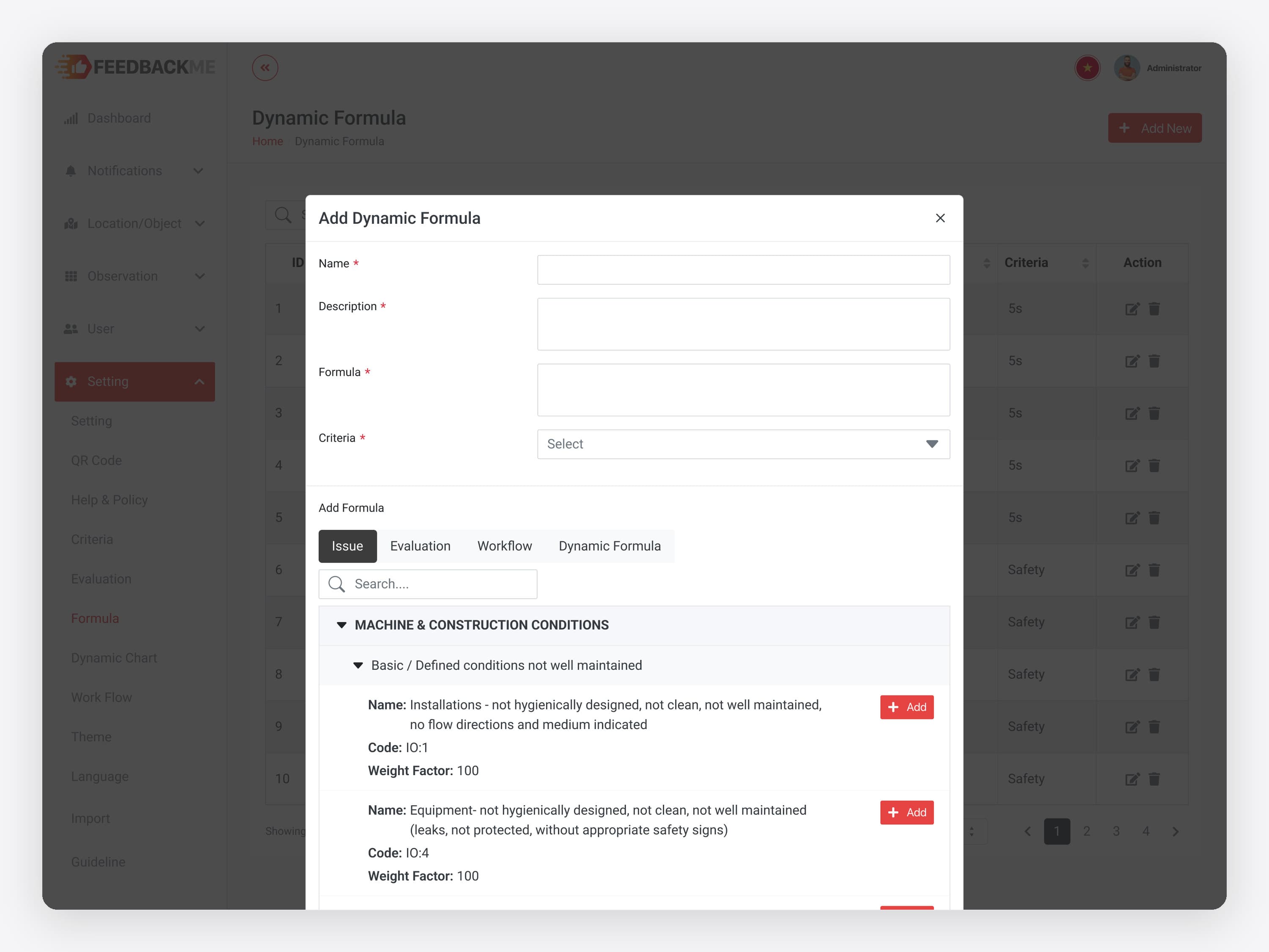 The FeedbackMe admin Add Dynamic Formula dialog: name, description, formula and criteria fields, then a searchable tree of issues grouped by category, each with a code, a weight factor and an Add button