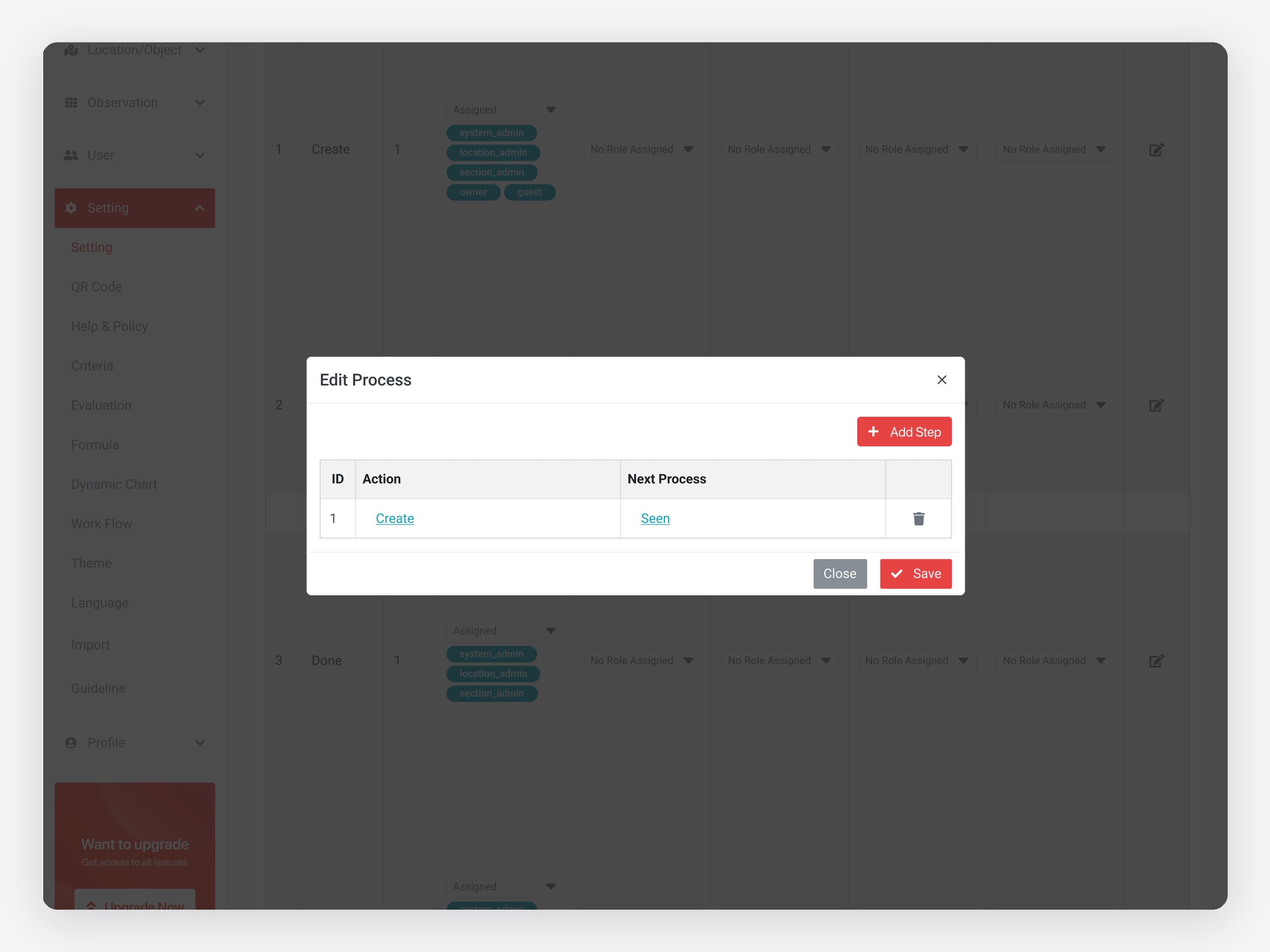 The FeedbackMe admin Workflow settings, where each step has its primary, secondary, backup, reviewing and approval roles, with the Edit Process dialog in the middle of the screen (Create, then Seen); the animation then opens the Add Step dialog (action, next process)