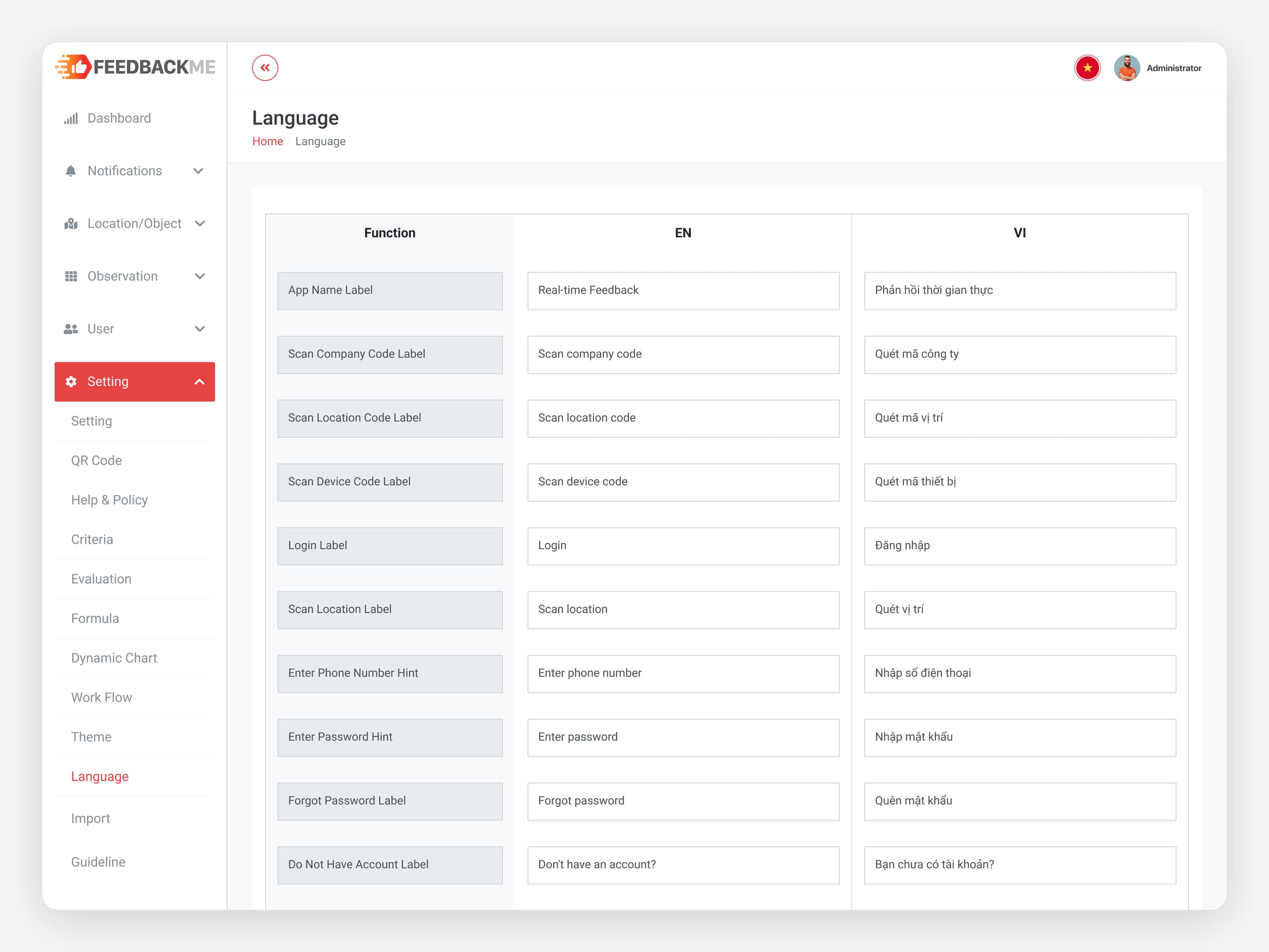 The FeedbackMe admin Language settings: a table of app labels, each with its English and Vietnamese text in editable fields