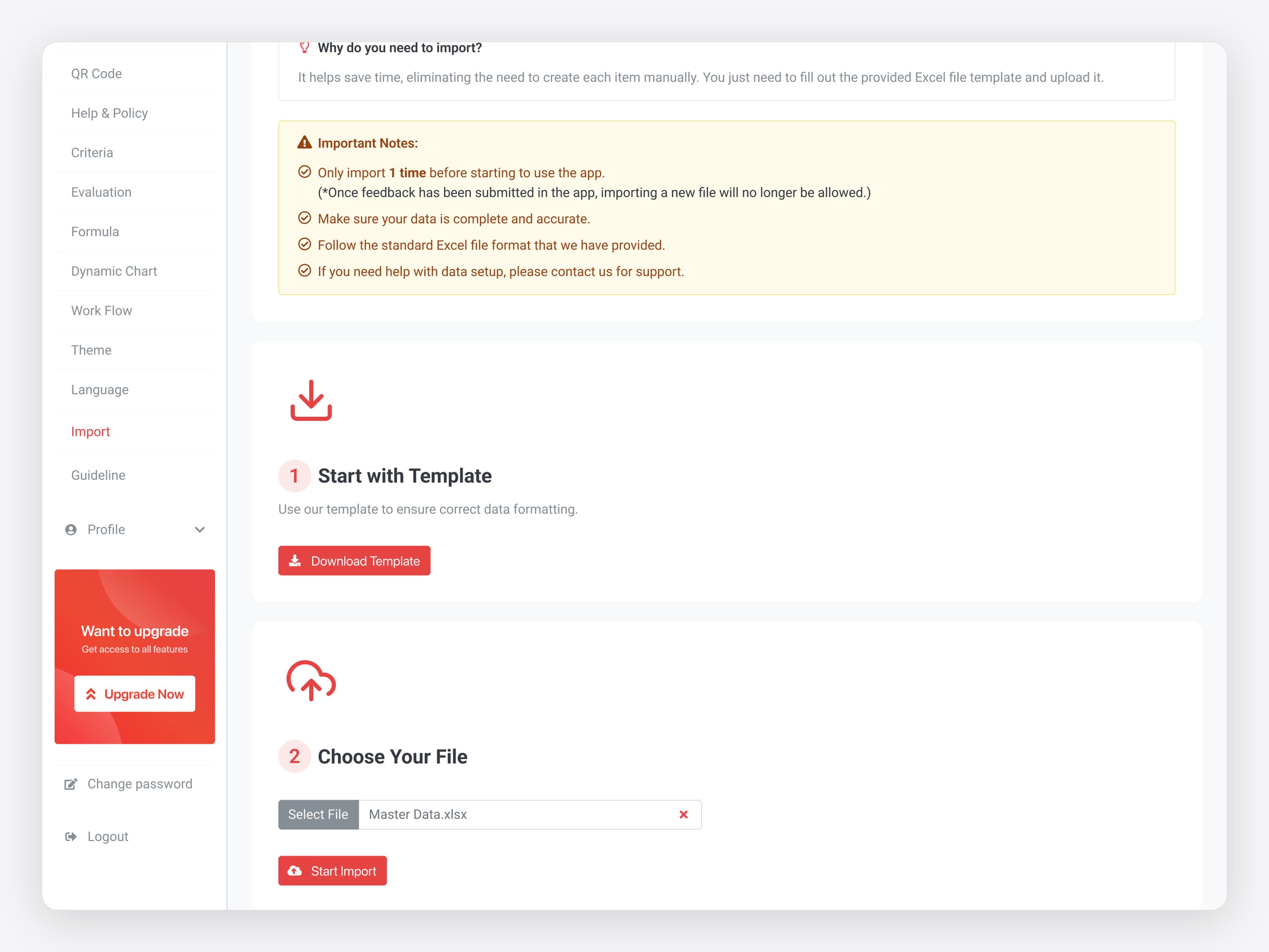The FeedbackMe admin Import screen: important notes, then two steps, download the template, then choose the Excel file and start the import