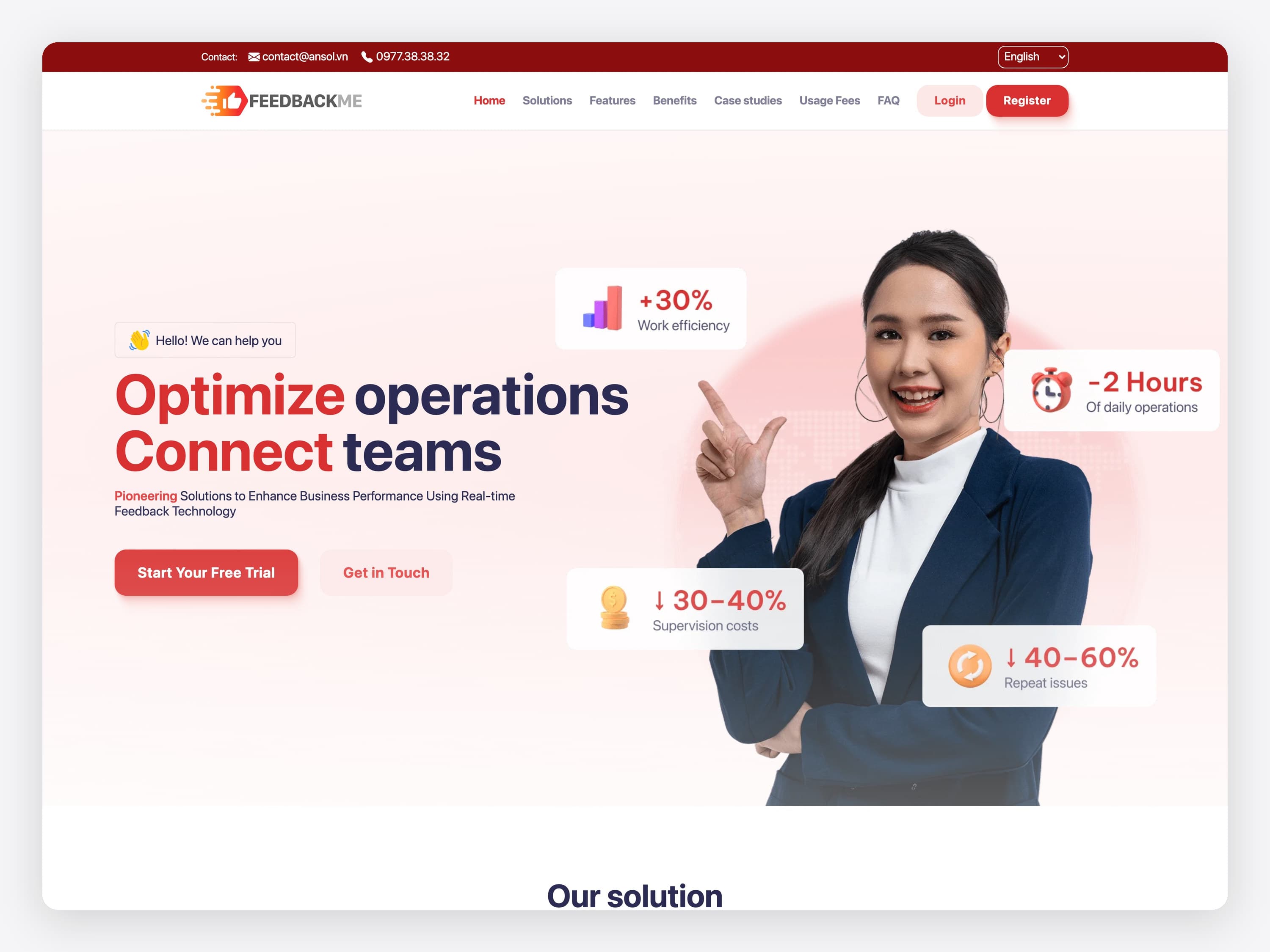 The FeedbackMe landing page, English version: “Optimize operations, Connect teams” with a free trial button