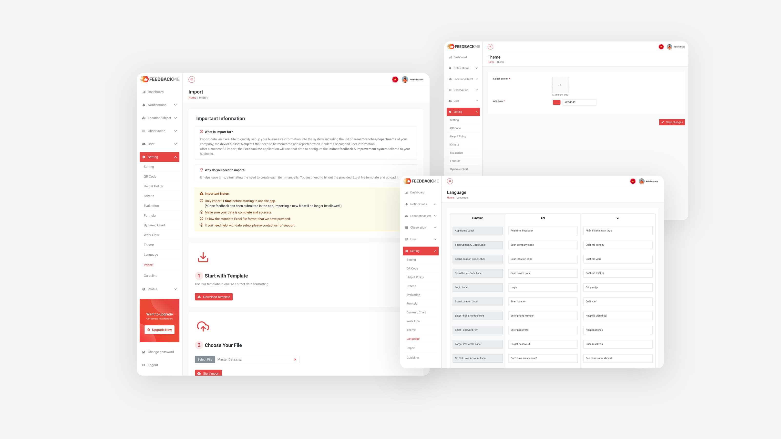 Three FeedbackMe admin setup screens: Import with its two steps for the Excel template, Language with each app label in English and Vietnamese, and Theme with the app colour