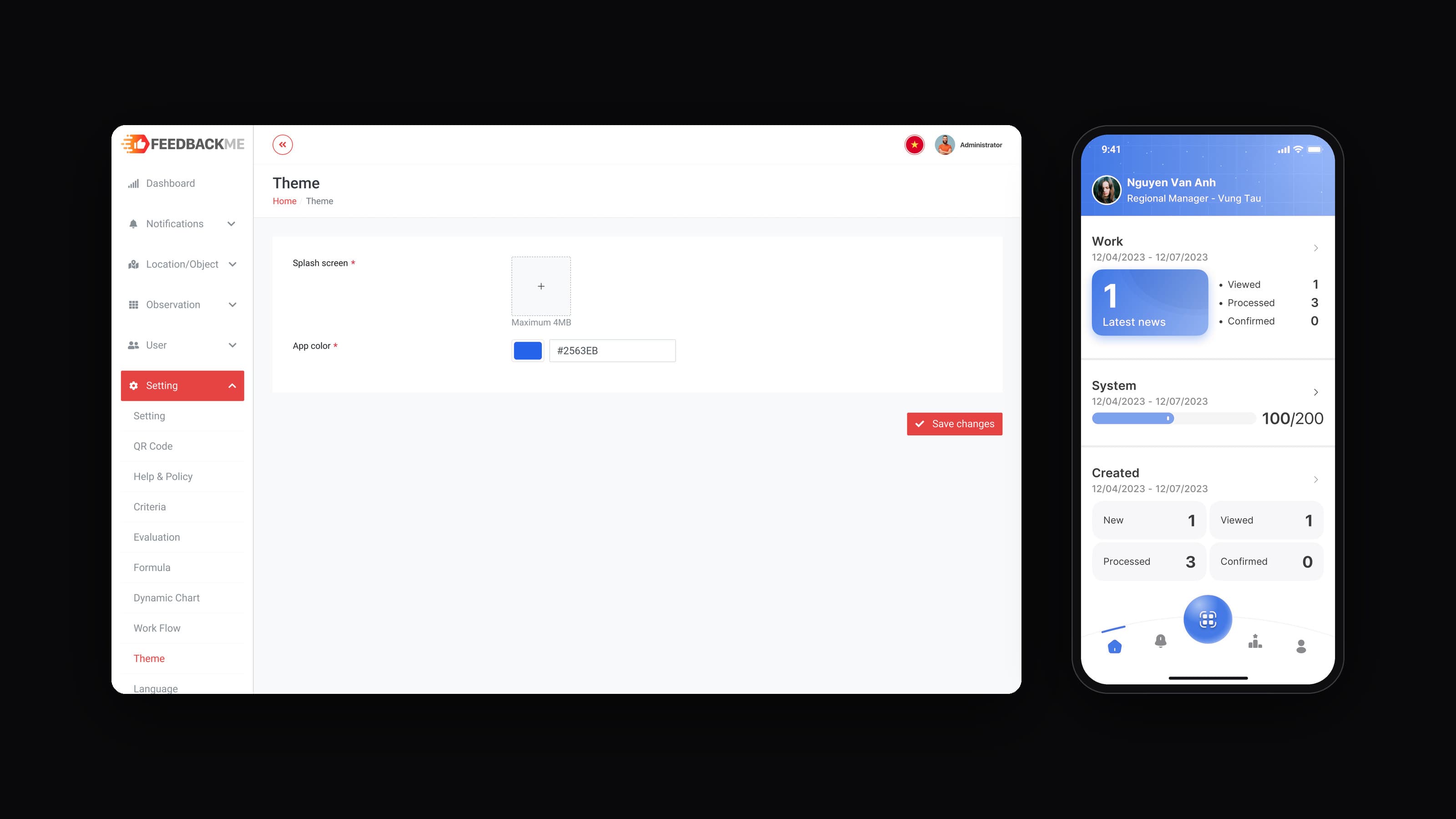 Animated example: in the FeedbackMe admin Theme screen the app colour is changed from #E64343 to #2563EB and saved, then the English mobile app home turns from red to blue. The blue is an example colour.