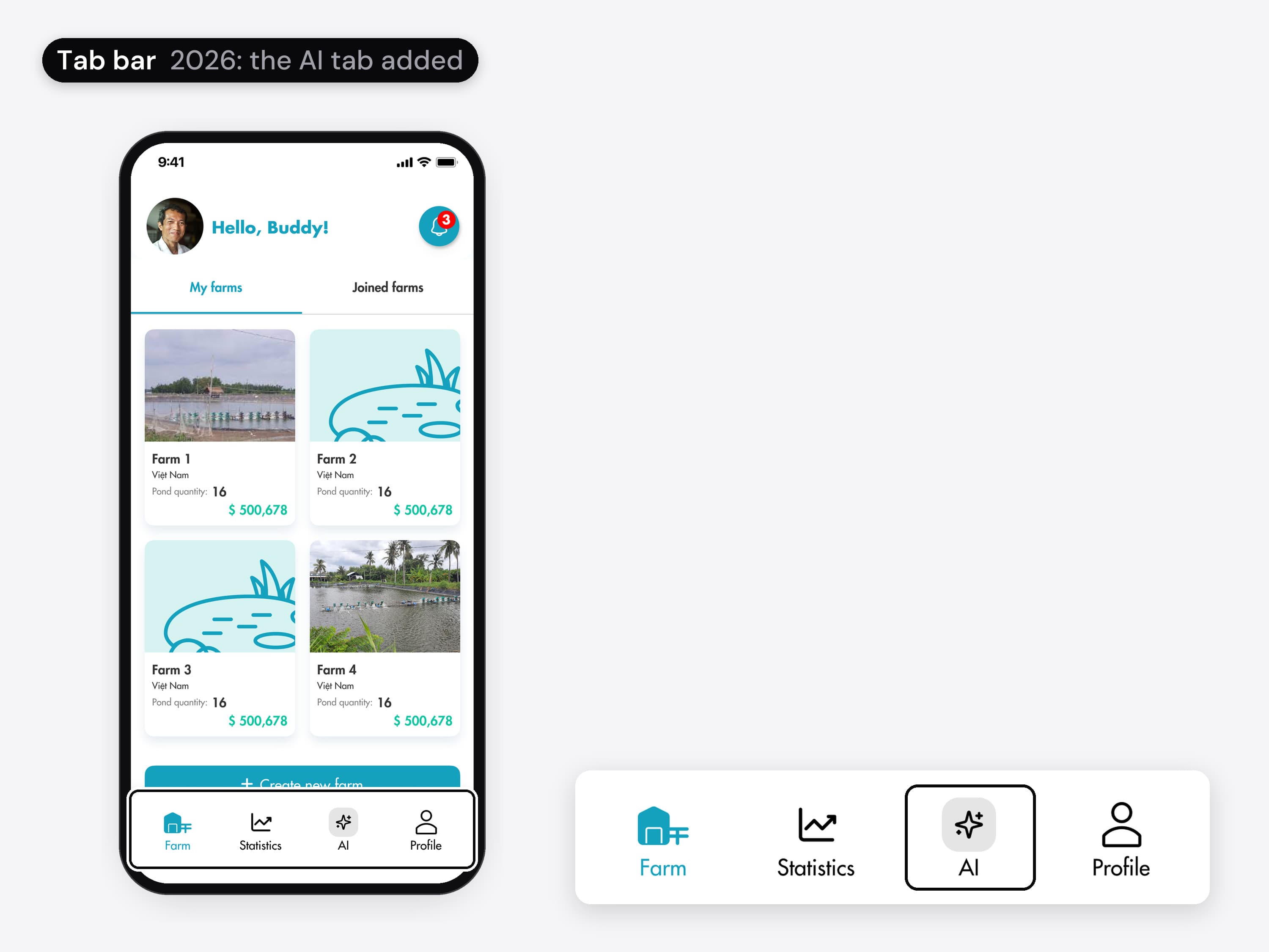 The farm list before and after, with its tab bar ringed and shown magnified beside the phone. Before: the tab bar has Farm, Statistics and Profile. 2026: an AI tab with a sparkle icon sits between Statistics and Profile, ringed in the magnified bar.