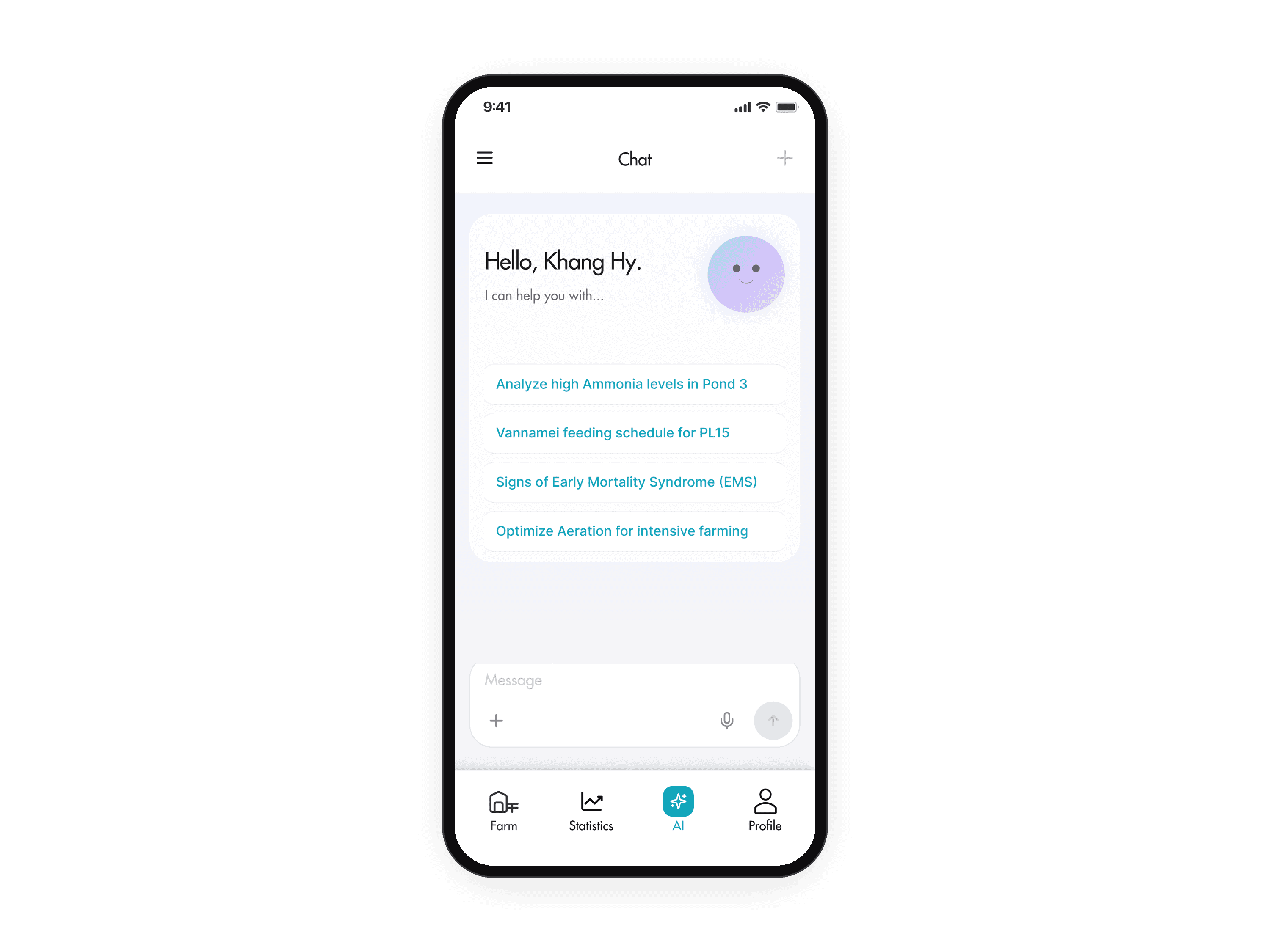 The AI chat's start screen, rebuilt for this case from the real design's parts: Hello, Khang Hy. with an avatar, and four suggested questions, such as Analyze high Ammonia levels in Pond 3. The animation taps that question; it appears as a message, with Thinking and a Stop generating button.