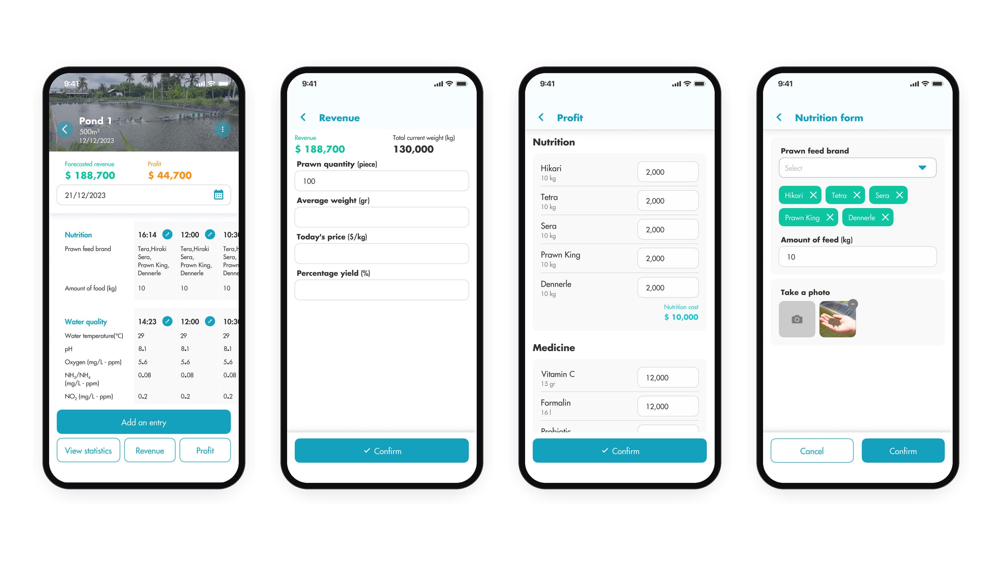 Four phone screens from the February 2024 change request: the pond page with forecast revenue and profit and the day's entries as columns by time, each with an edit button; the Revenue form with prawn quantity, average weight, today's price and percentage yield; the Profit form listing feed costs and medicine costs, such as Vitamin C and Formalin; and the nutrition form in edit mode with feed brands and a photo