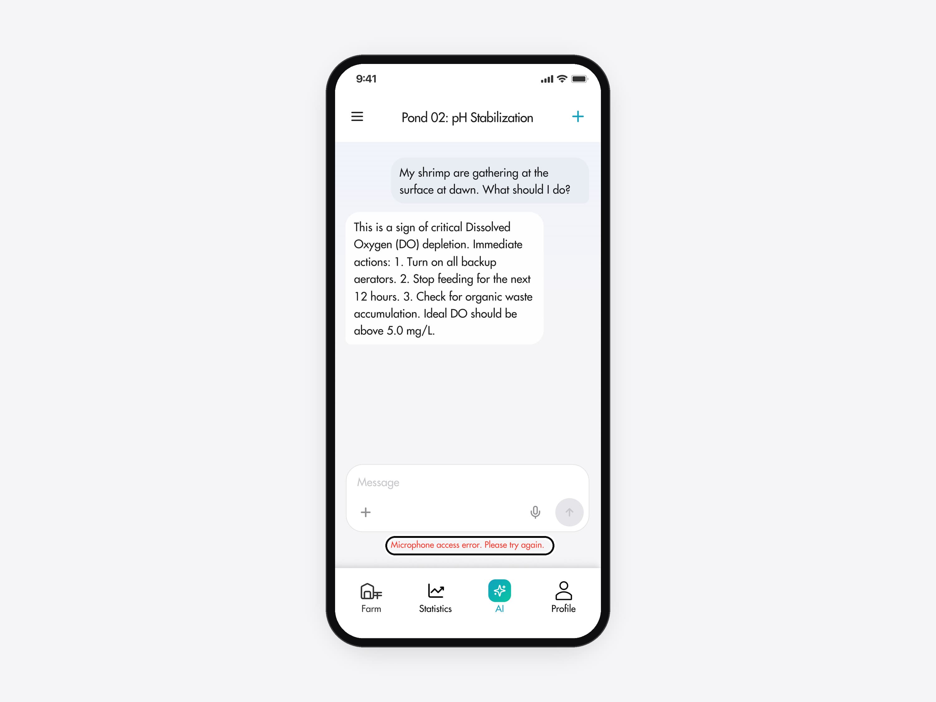 The AI chat with an answer on screen. A ring marks a red line under the message box: Microphone access error. Please try again.
