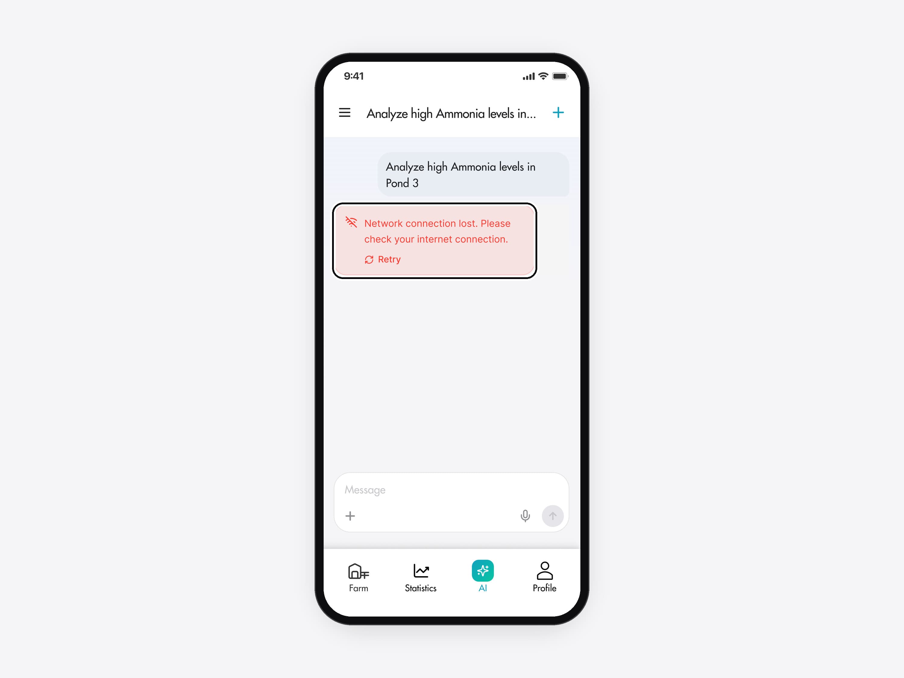 The AI chat after a question, rebuilt for this case from the real design's parts. A ring marks a light red message where the answer would start: Network connection lost. Please check your internet connection., with a Retry button under it.