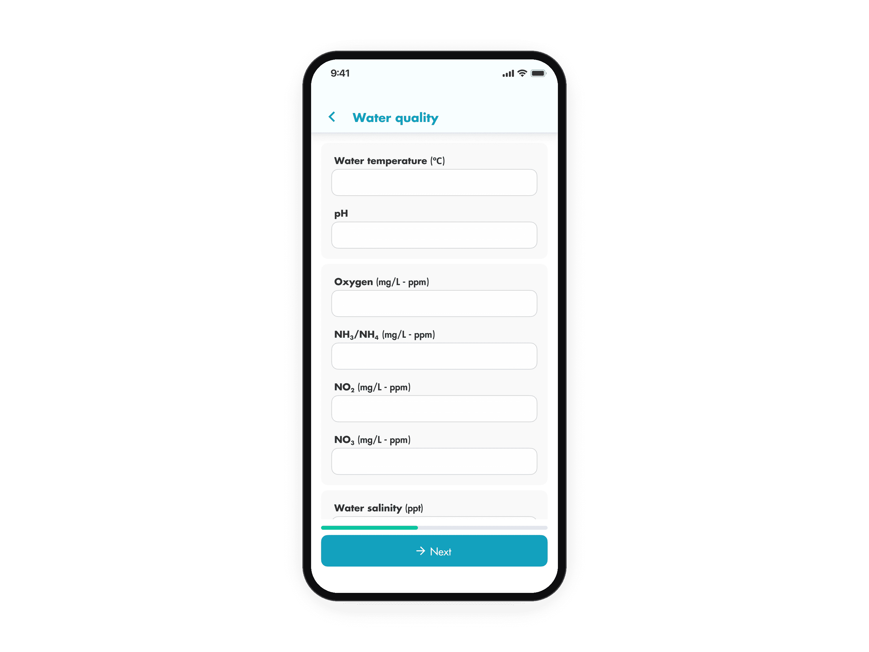 The water quality form in the phone, with every reading as a field and Next at the bottom. The animation starts on the pond page, taps Add an entry, then goes through the five forms, nutrition, water quality, feeding tray, medicine and RAPID test results, tapping Next on each, and ends on the confirm screen.