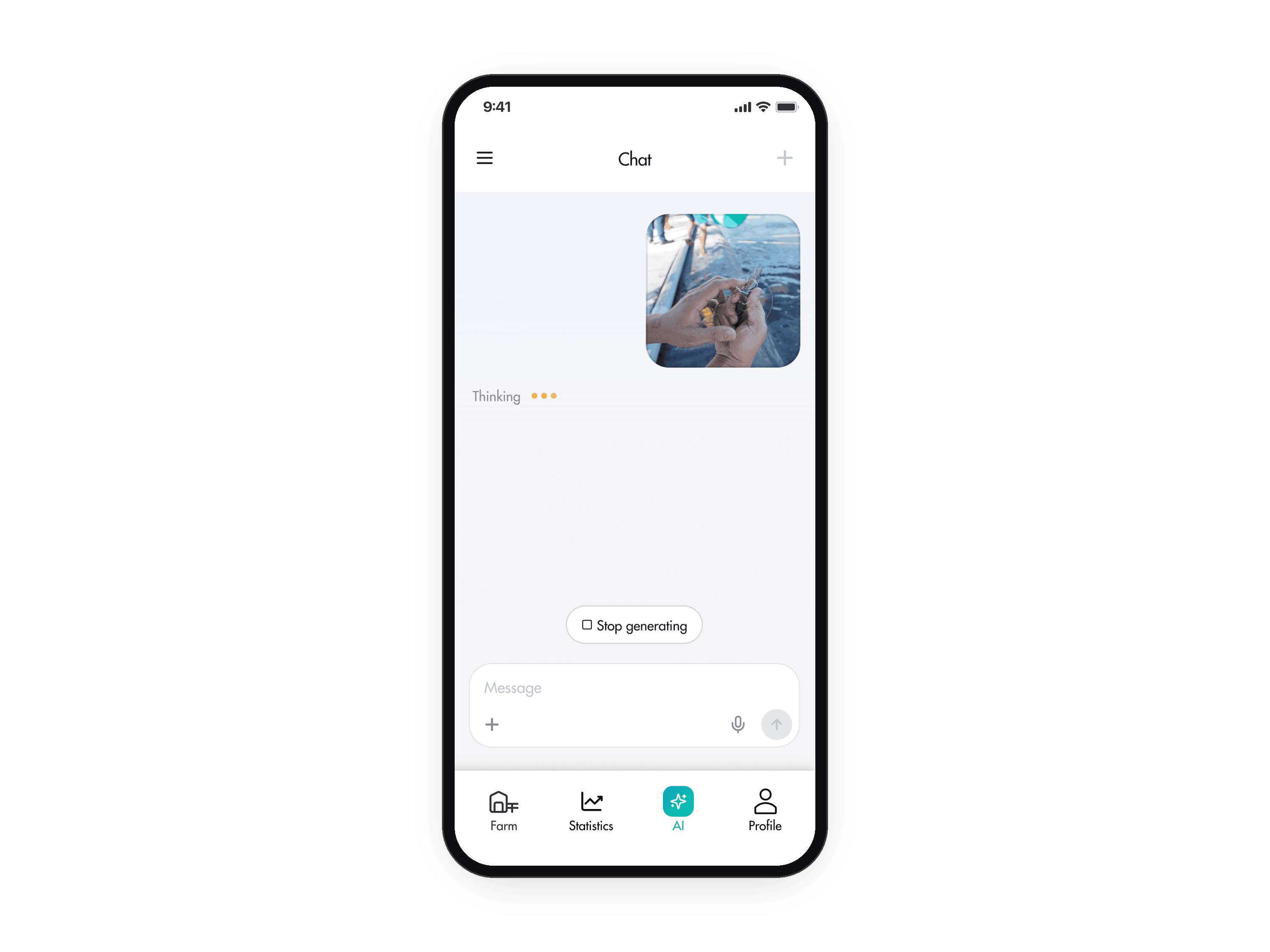 The chat after sending a photo, rebuilt for this case from the real design's parts: the photo sits in the conversation as a message, with Thinking below it. The animation taps the plus button in the message box, picks Upload Image from the menu, the photo appears in the message box, and the send button sends it.