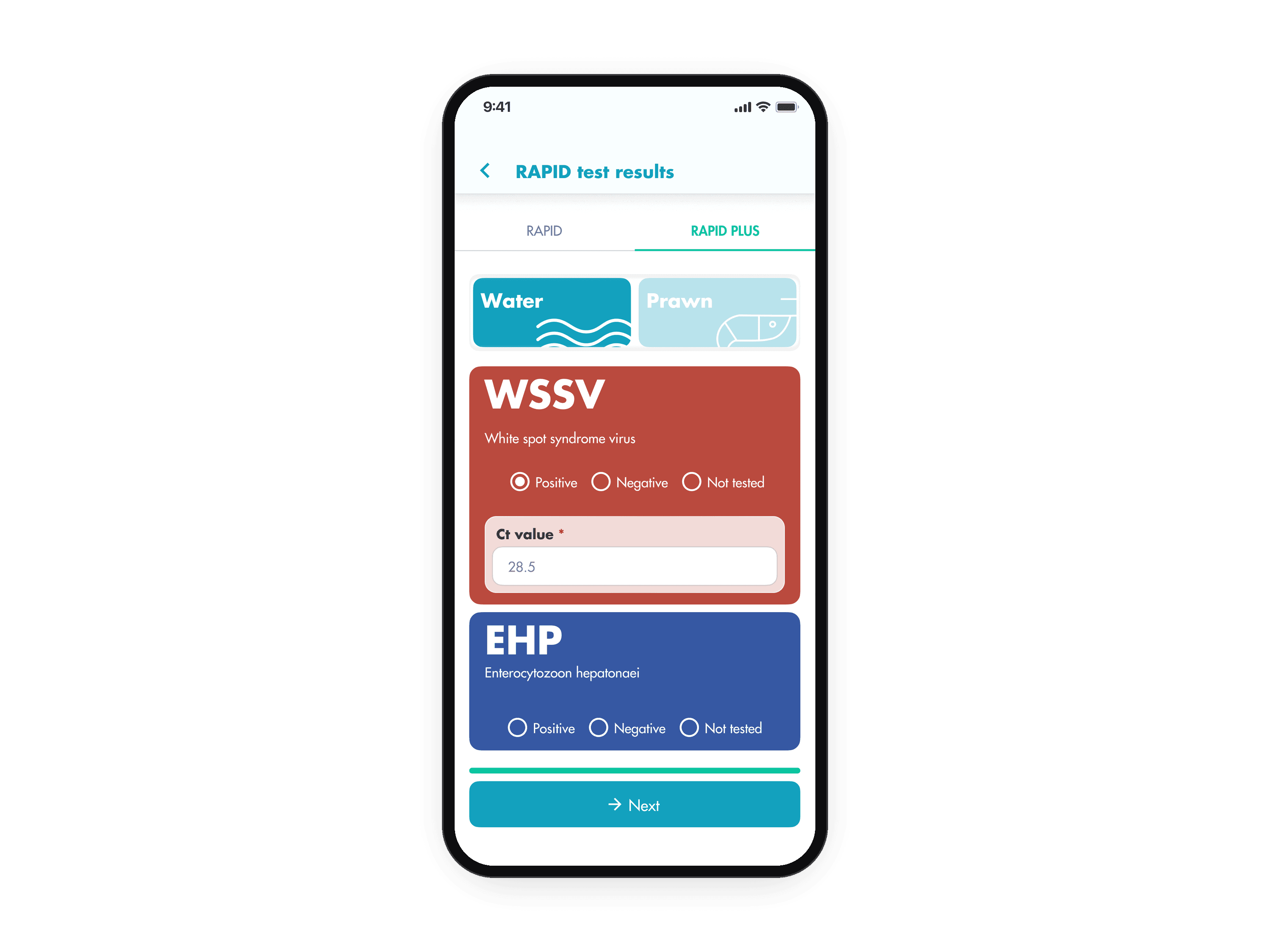 The RAPID PLUS tab of RAPID test results: a Water or Prawn switch, then a card per disease, WSSV and EHP, each Positive, Negative or Not tested, with a Ct value field under a positive result. The animation switches from the RAPID tab to RAPID PLUS, types a Ct value, a hint says the value typically ranges from 10 to 40, and Next leads to the confirm screen with the RAPID PLUS results.