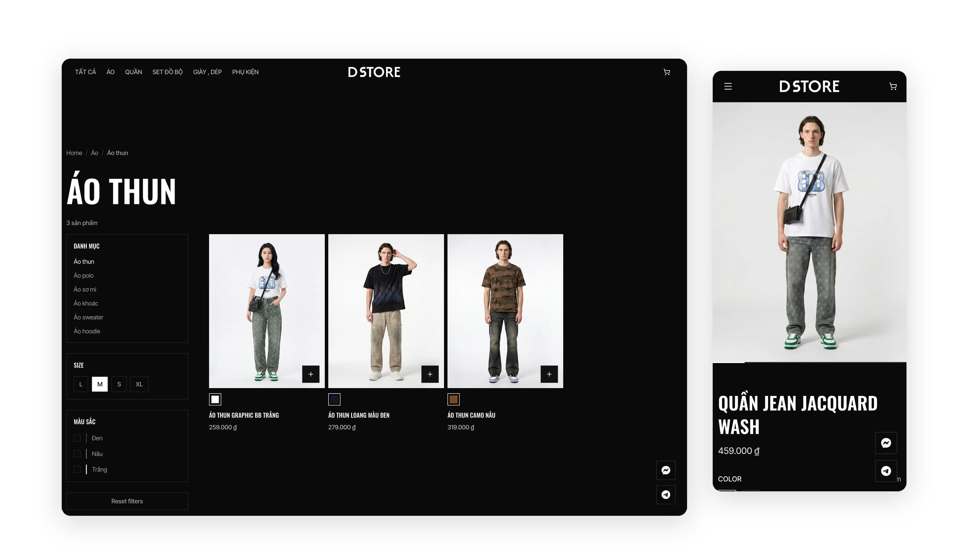 DStore on desktop and phone with demo products: the T-shirt category filtered to size M, and a product page for wash jacquard jeans with two colour dots, sizes and a Buy now button