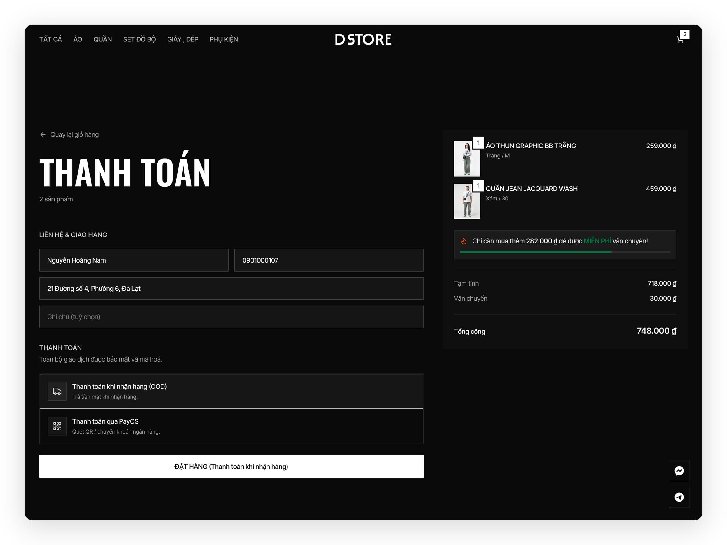 The DStore checkout in Vietnamese: name, phone and address, a choice of cash on delivery or PayOS (QR or bank transfer), and the order summary with subtotal, 30,000 VND shipping and total