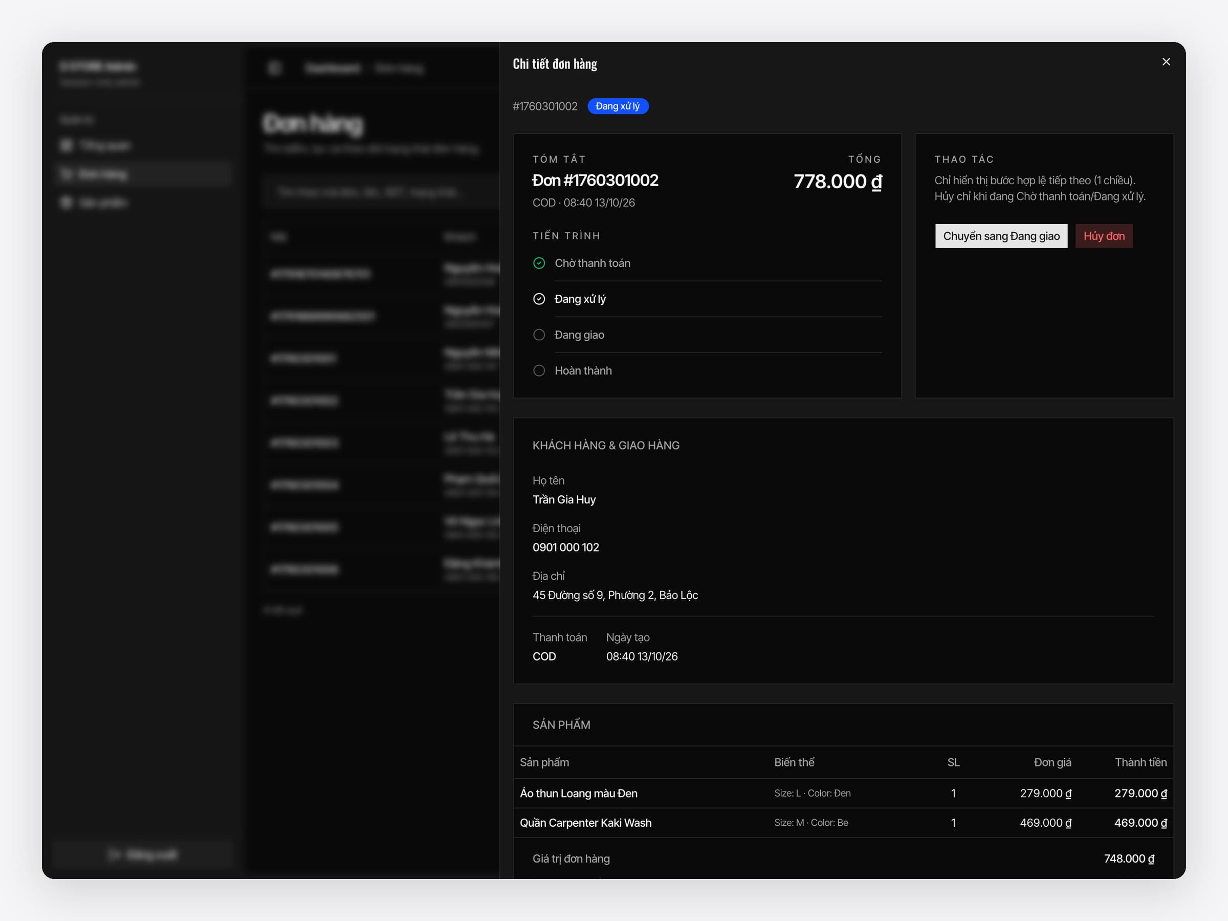 The DStore admin order list. Opening an order shows its progress (awaiting payment, processing, shipping, completed) and one next step, Chuyển sang Đang giao (move to Shipping), beside Cancel; after the tap the order reads Shipping in the list
