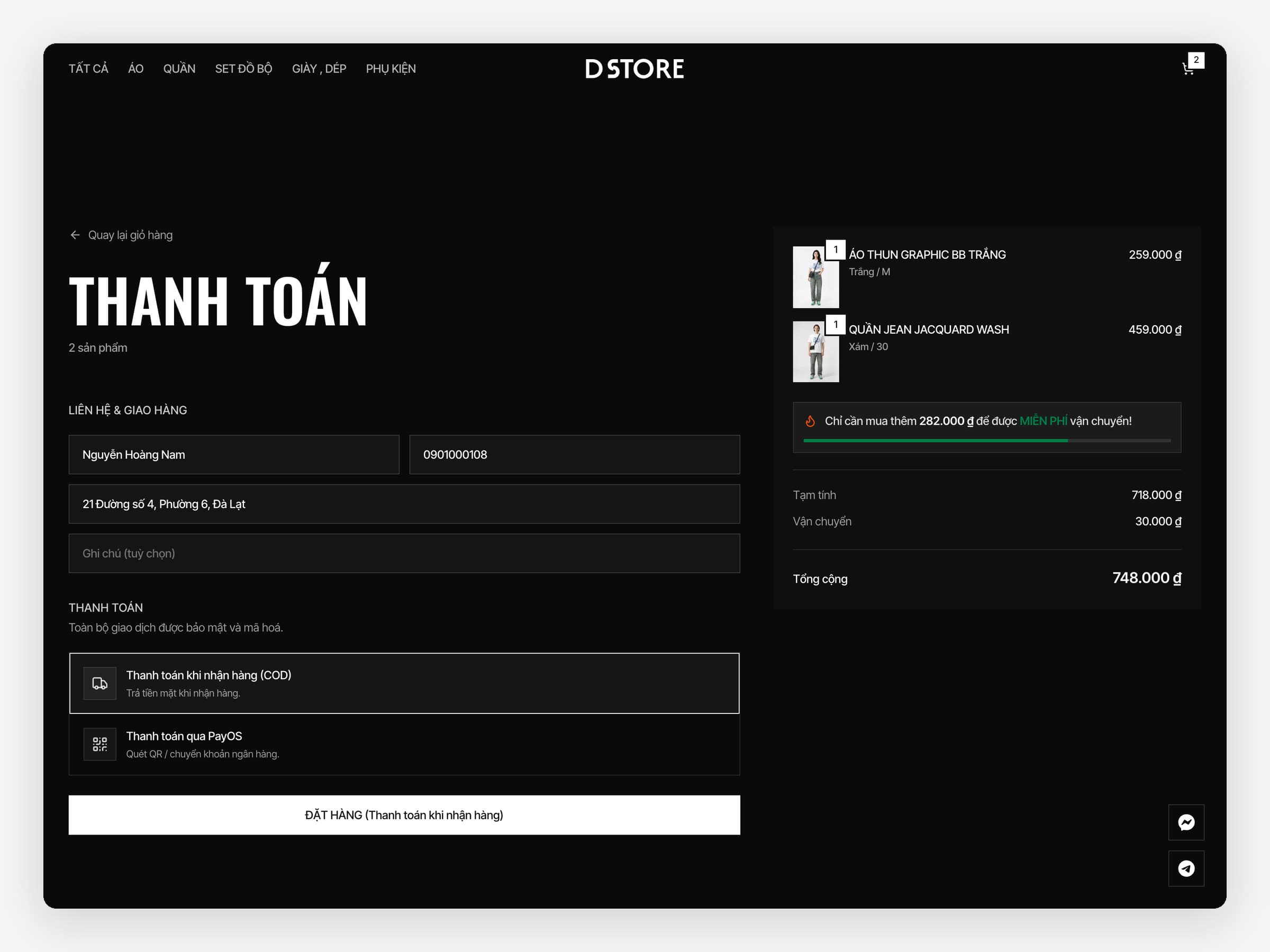 The DStore checkout: the shopper's name, phone and address, a switch from PayOS to cash on delivery, the order summary with a free-shipping progress bar, then the order-placed screen