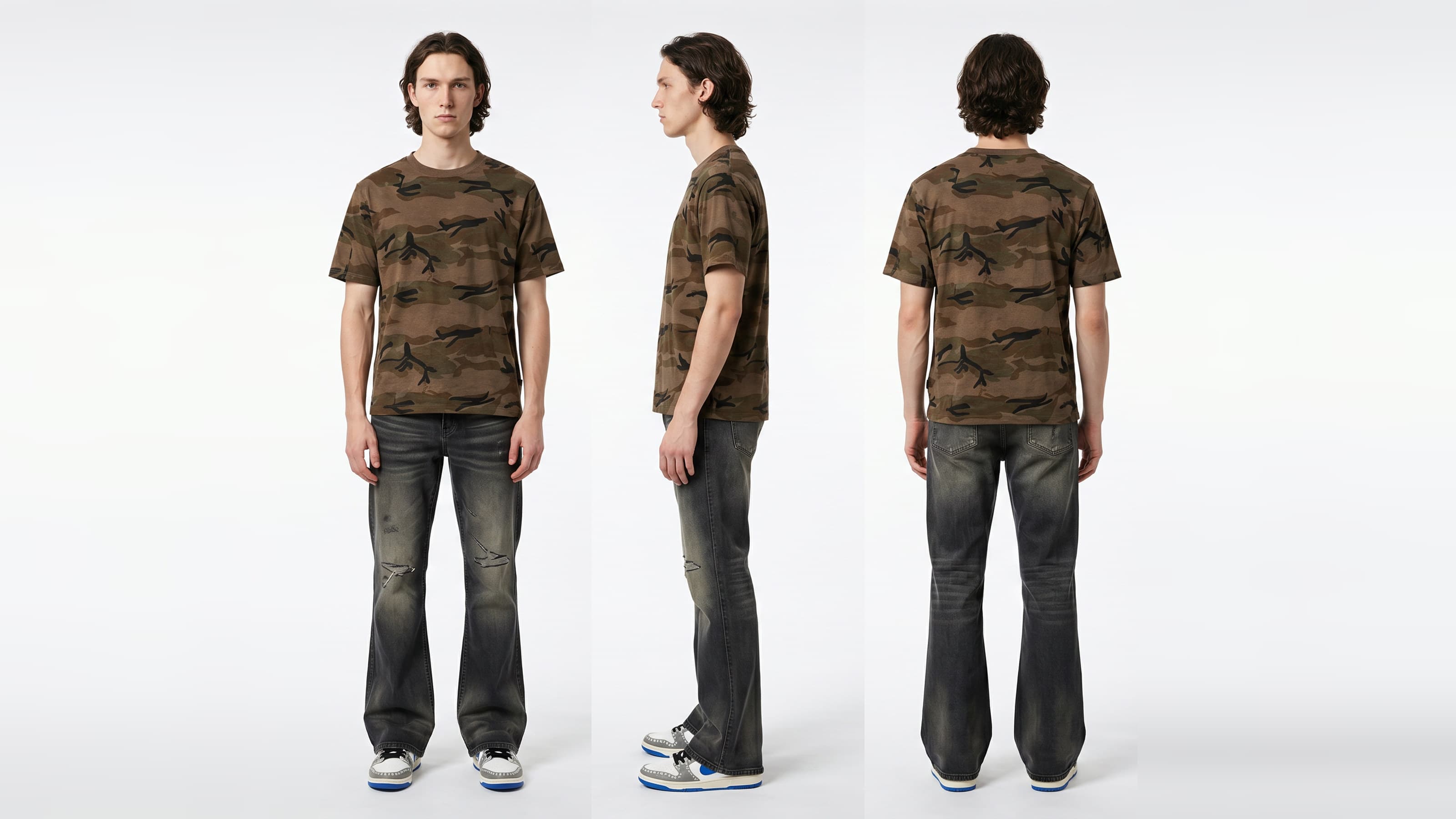 After: AI-made lookbook images of the same outfit on a model from the front, the side and the back