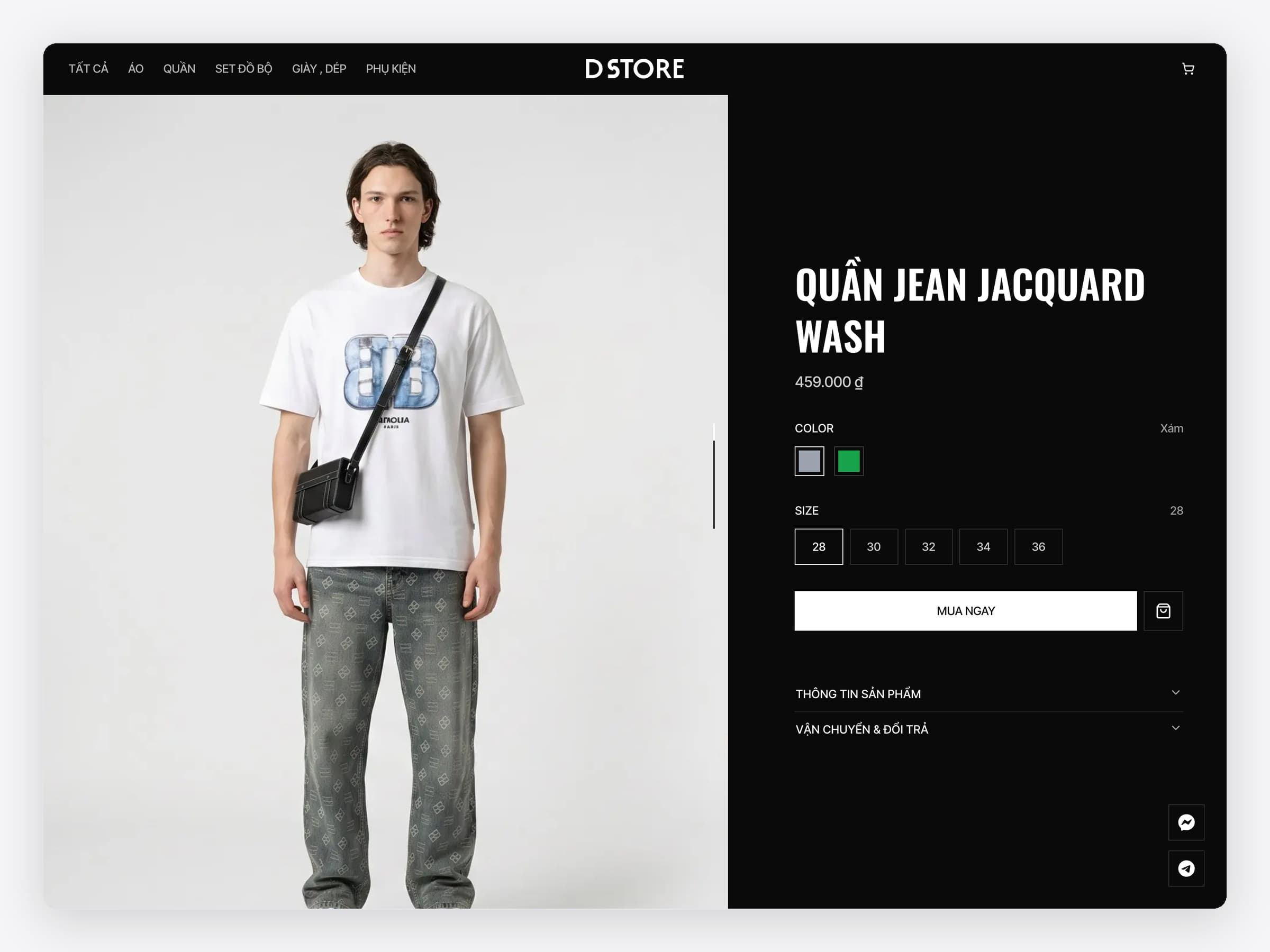 A DStore product page for wash jacquard jeans: tapping the green colour dot swaps the main photo from the grey pair on a male model to the green pair on a female model; size 36 is crossed out in green