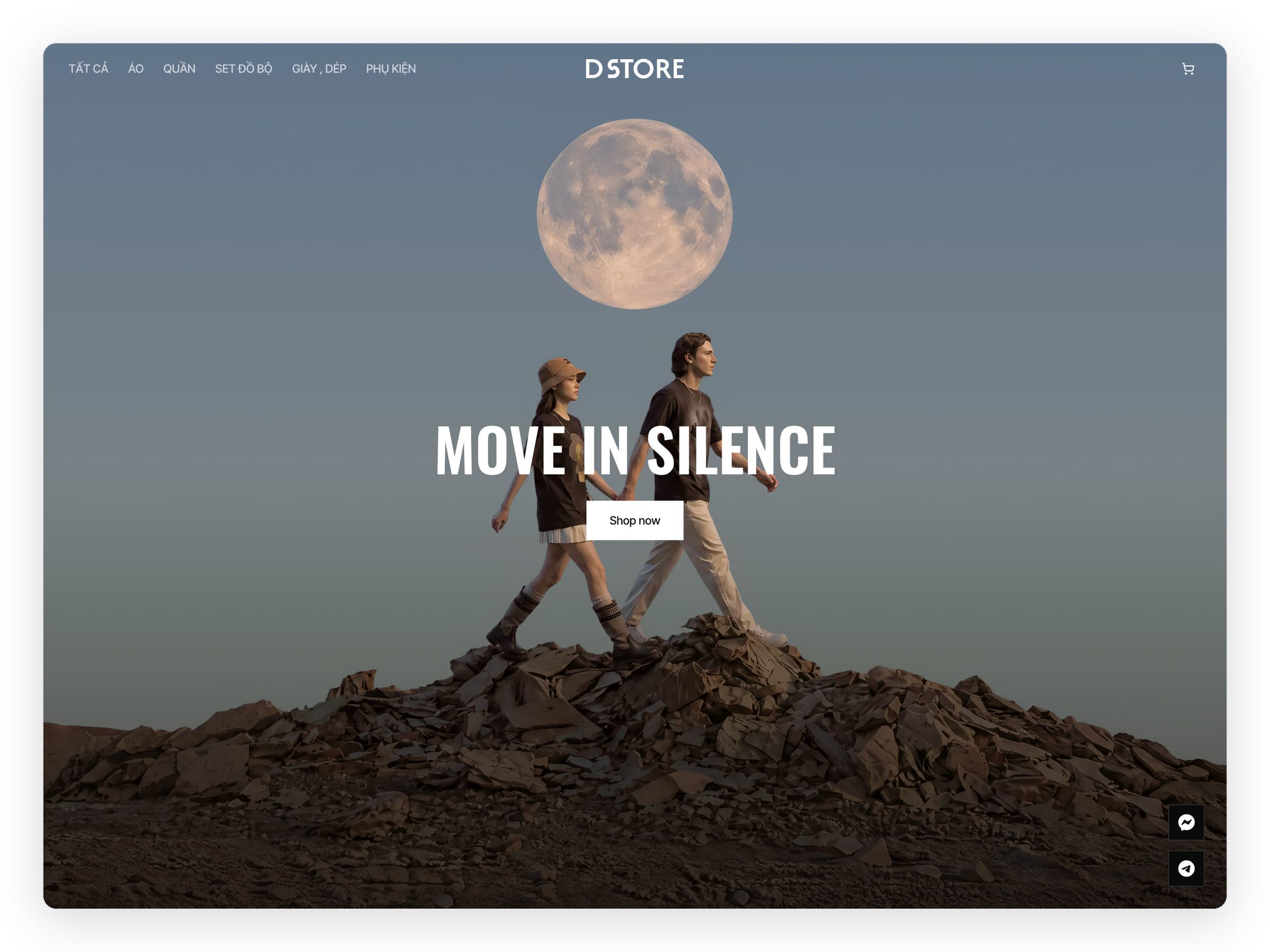 The DStore home page: an AI-made hero of two models walking over rocks under a full moon, the line MOVE IN SILENCE and a Shop now button